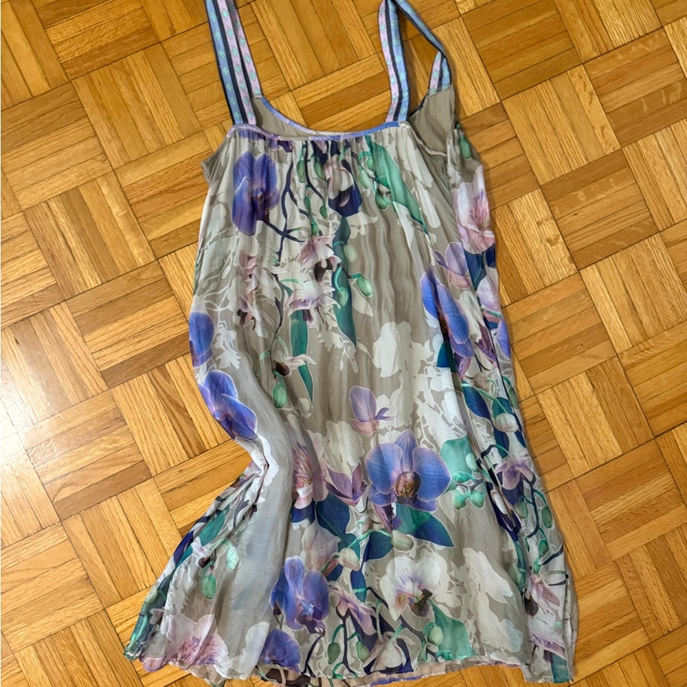 Hale Bob Silk chiffon Floral Slip Dress with Purple & Teal Orchid Print- no tags